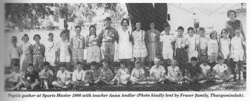People gather at Sports Muster 1966 with teacher Anna Andler